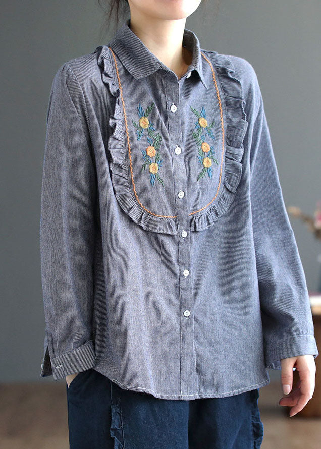 Unique Blue Ruffled Patchwork Embroidered Cotton Shirt Top Spring