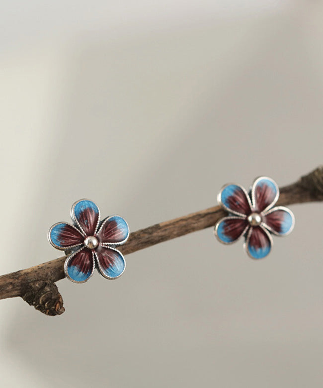 Unique Blue Silver Cloisonne Floral Stud Earrings