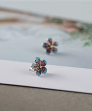 Unique Blue Silver Cloisonne Floral Stud Earrings