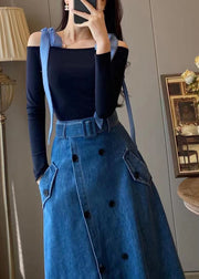 Unique Blue Slash Neck Patchwork Top And Denim Maxi Skirts Two Pieces Set Fall