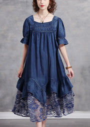 Unique Blue Square Collar Patchwork Lace Cotton Denim Dress Short Sleeve