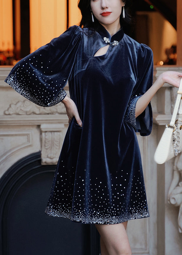 Unique Blue Stand Collar Dot Print Silk Velour Mid Dresses Half Sleeve