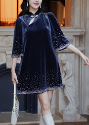 Unique Blue Stand Collar Dot Print Silk Velour Mid Dresses Half Sleeve