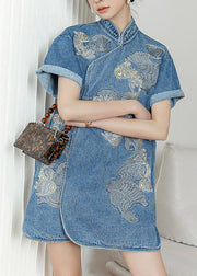 Unique Blue Stand Collar Embroidered Floral Side Open Button Cotton Denim Mid Dress Short Sleeve