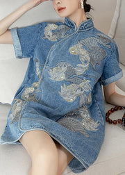 Unique Blue Stand Collar Embroidered Floral Side Open Button Cotton Denim Mid Dress Short Sleeve