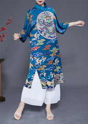 Unique Blue Stand Collar Side Open Silk Chinese Style Dress Half Sleeve