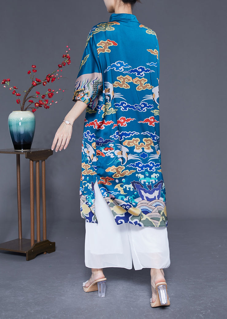 Unique Blue Stand Collar Side Open Silk Chinese Style Dress Half Sleeve