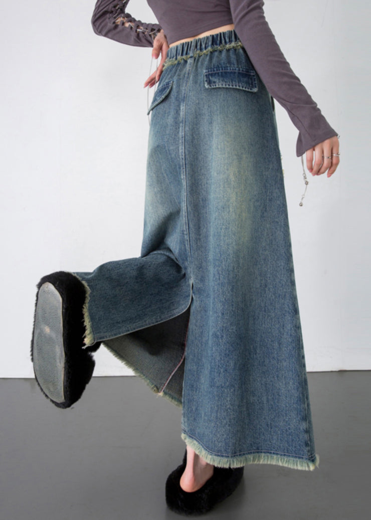 Unique Blue Tasseled Pockets Patchwork Denim Skirts Spring