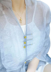 Unique Blue V Neck Button Print Patchwork Silk Shirt Tops Fall