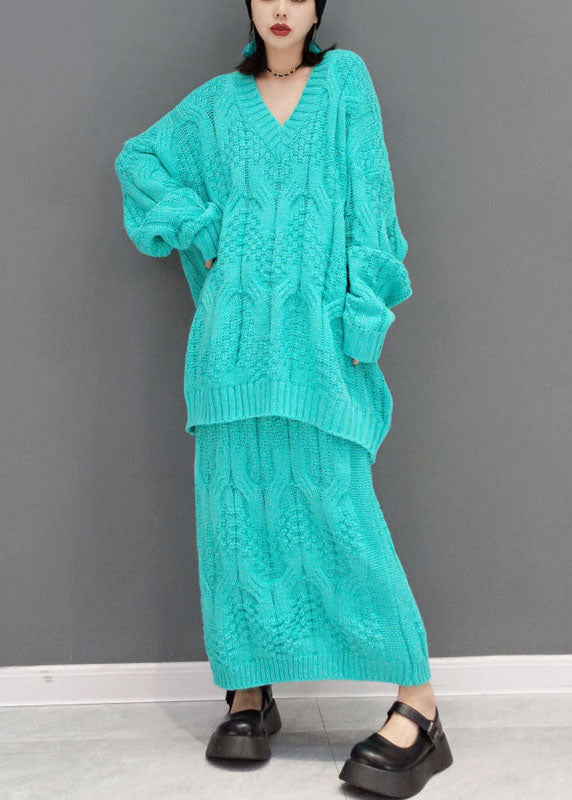 Unique Blue V Neck Cable Knit tops A Line skirts Two-Piece Set Spring