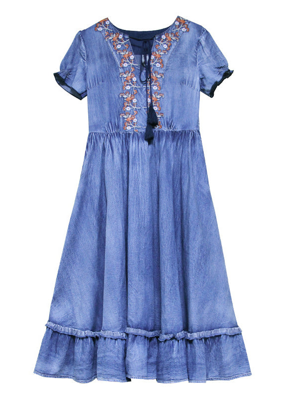 Unique Blue V Neck Ruffled Cinched Embroidered Cotton Denim Dresses Short Sleeve