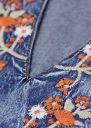 Unique Blue V Neck Ruffled Cinched Embroidered Cotton Denim Dresses Short Sleeve