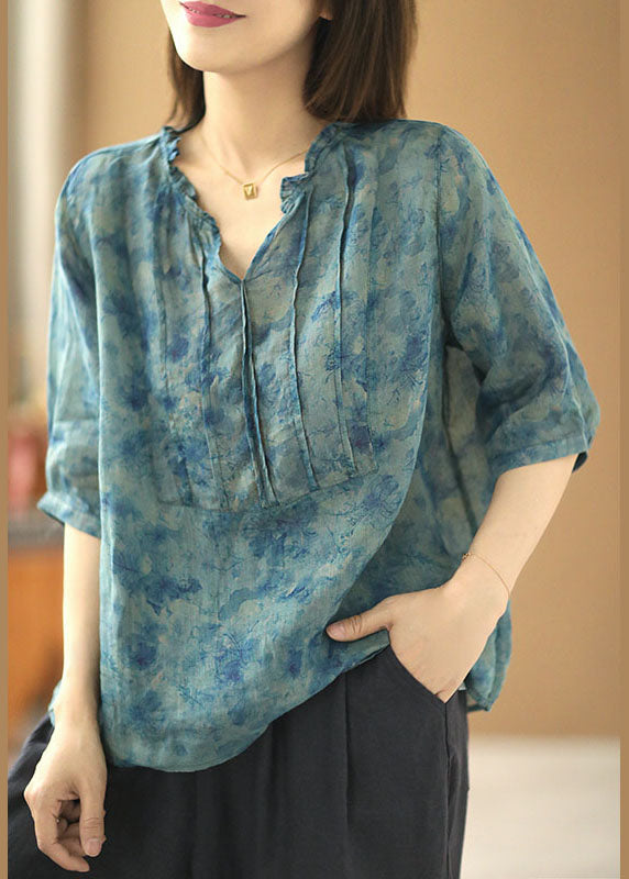 Unique Blue Wrinkled Ruffled Patchwork Linen Shirt Tops Short Sleeve