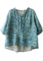 Unique Blue Wrinkled Ruffled Patchwork Linen Shirt Tops Short Sleeve