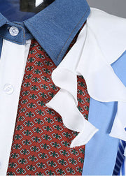 Einzigartiges blaues asymmetrisches Design Bubikragen Patchwork Hemden Frühling