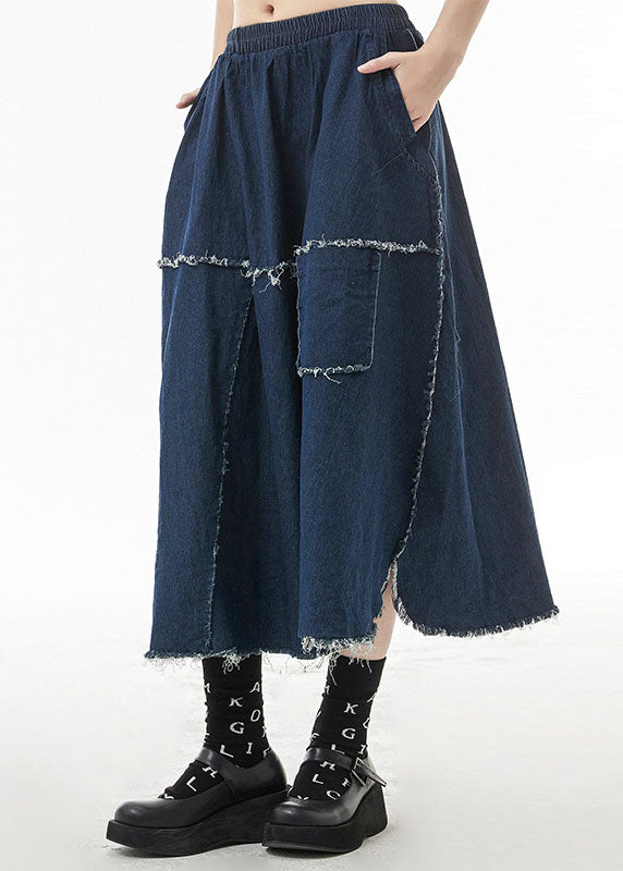 Unique Blue elastic waist side open Patchwork Skirts Spring