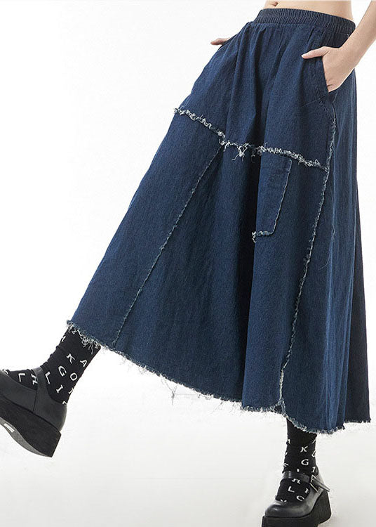 Unique Blue elastic waist side open Patchwork Skirts Spring