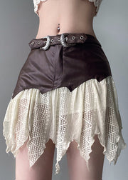 Unique Brown Asymmetrical High Waist Design Patchwork Faux Leather Skirts Fall