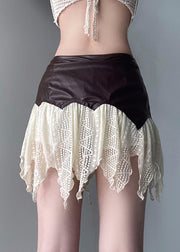 Unique Brown Asymmetrical High Waist Design Patchwork Faux Leather Skirts Fall