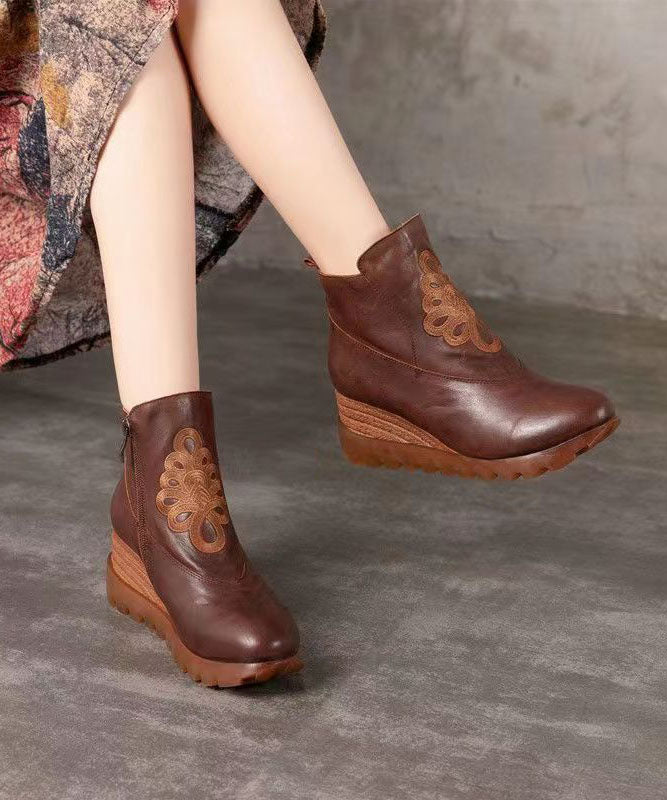 Unique Brown Embroidery Splicing Cowhide Leather Wedge Boots