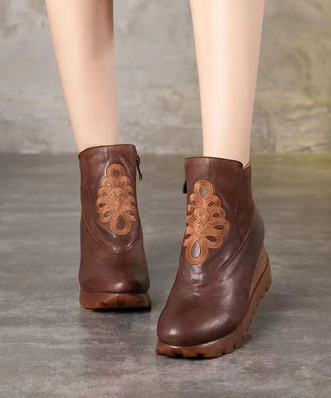 Unique Brown Embroidery Splicing Cowhide Leather Wedge Boots