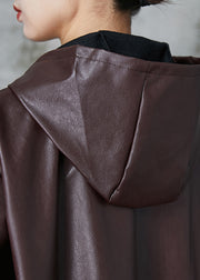 Unique Brown Hooded Faux Leather Trench Spring