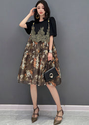 Unique Brown O-Neck Embroidered Patchwork Print Mid Dress Short Sleeve