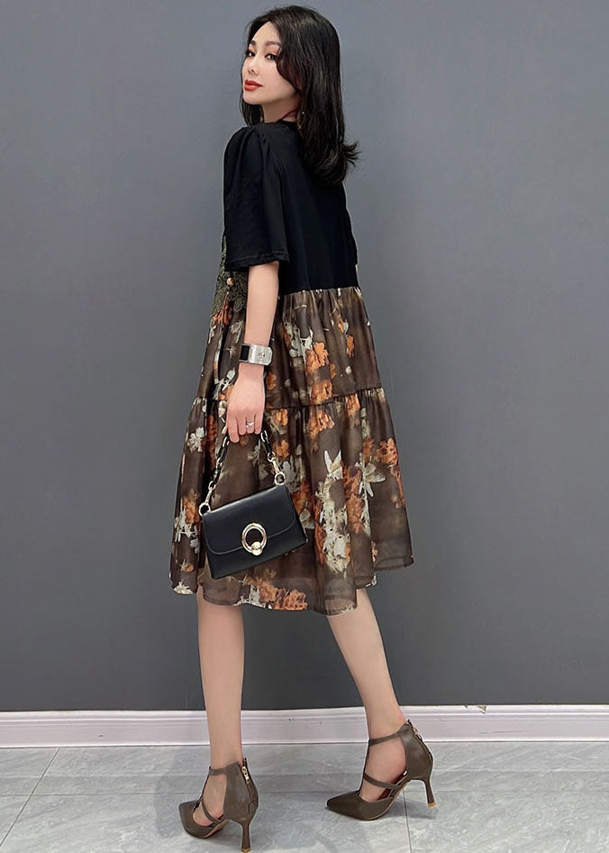 Unique Brown O-Neck Embroidered Patchwork Print Mid Dress Short Sleeve