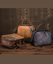 Unique Brown Print Paitings Leather Tote Handbag