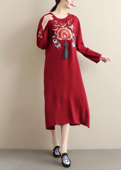 Unique Burgundy Embroidery Tunic Pattern O Neck Tassel Spring Dress - SooLinen