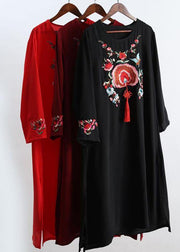 Unique Burgundy Embroidery Tunic Pattern O Neck Tassel Spring Dress - SooLinen