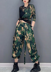 Unique Camouflage Print Tulle Patchwork Top And Pants Two Pieces Set Spring