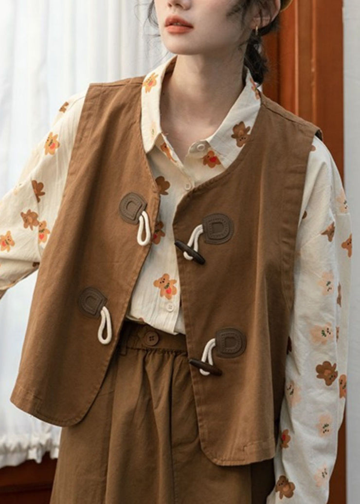 Unique Caramel O-Neck Patchwork Button Waistcoat Fall