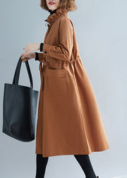 Unique Caramel Stand Collar Lace Up Patchwork Cotton Trench Coats Fall