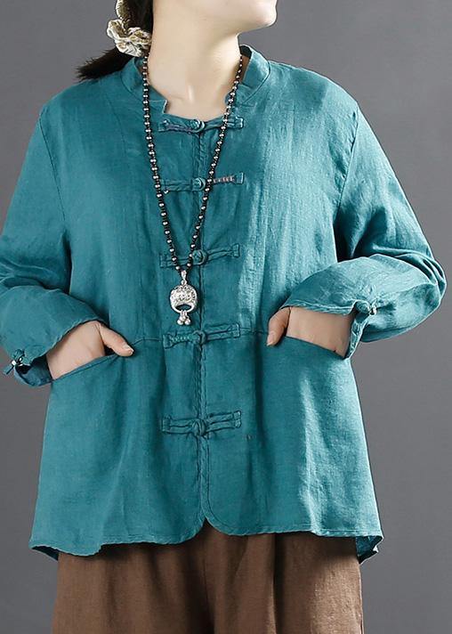 Unique Chinese Button Tops Women Sleeve Blue Blouse - SooLinen
