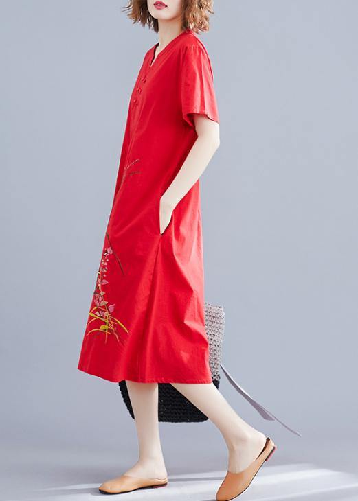 Unique Chinese Button cotton clothes design red embroidery Dresses summer - SooLinen