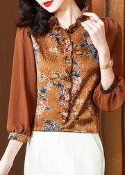 Unique Chocolate Ruffled Patchwork Print Silk Blouses Spring