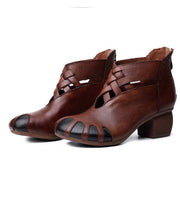 Unique Chocolate Cowhide Leather Hollow Out High Heel Splicing Boots