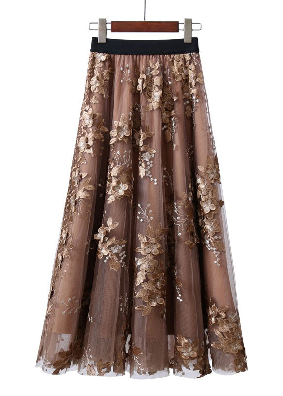 Unique Chocolate Embroidered Floral High Waist Tulle Skirt Summer