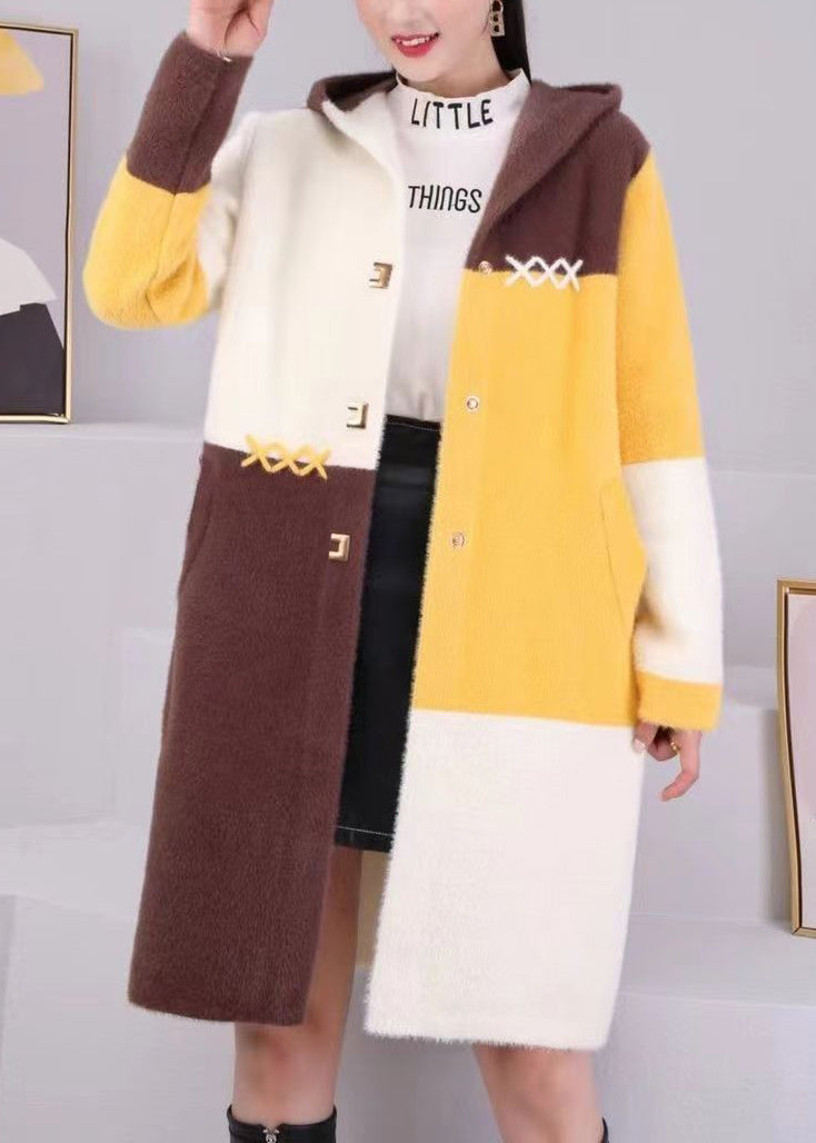 Unique Coffee Hooded Pockets Patchwork Mink Hair Knitted Coats Fall