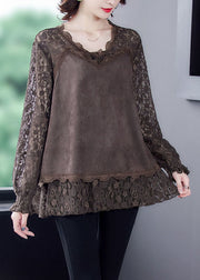 Unique Chocolate Oversized Lace Patchwork Faux Suede Top Spring