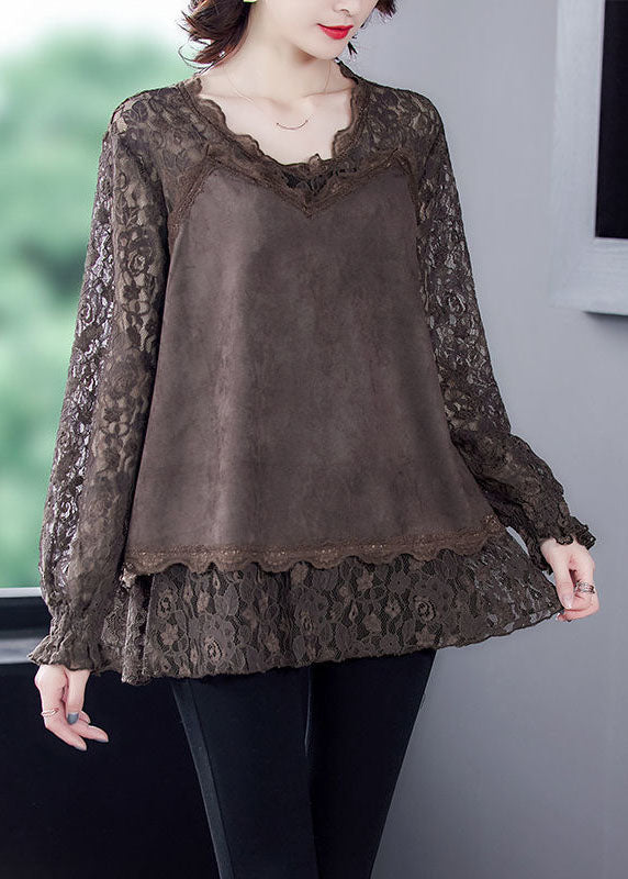 Unique Chocolate Oversized Lace Patchwork Faux Suede Top Spring