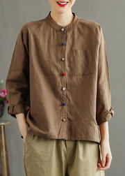 Einzigartiges Kaffee-Stehkragen-Patchwork-Hemd mit mehrfarbigen Knöpfen aus Baumwolle mit langen Ärmeln
