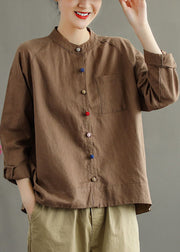 Unique Chocolate Stand Collar Patchwork Multicolour Button Cotton Shirt Top Long Sleeve