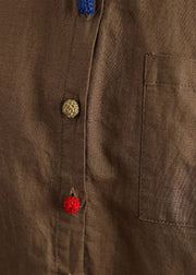 Einzigartiges Kaffee-Stehkragen-Patchwork-Hemd mit mehrfarbigen Knöpfen aus Baumwolle mit langen Ärmeln