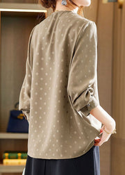 Unique Coffee V Neck Print Lace Patchwork Chiffon Shirt Long Sleeve