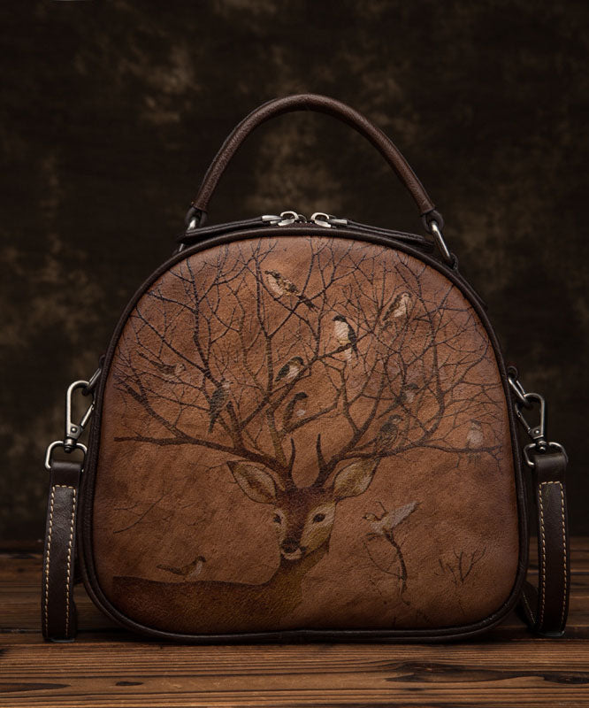 Unique Chocolate animal Paitings Calf Leather Tote Handbag