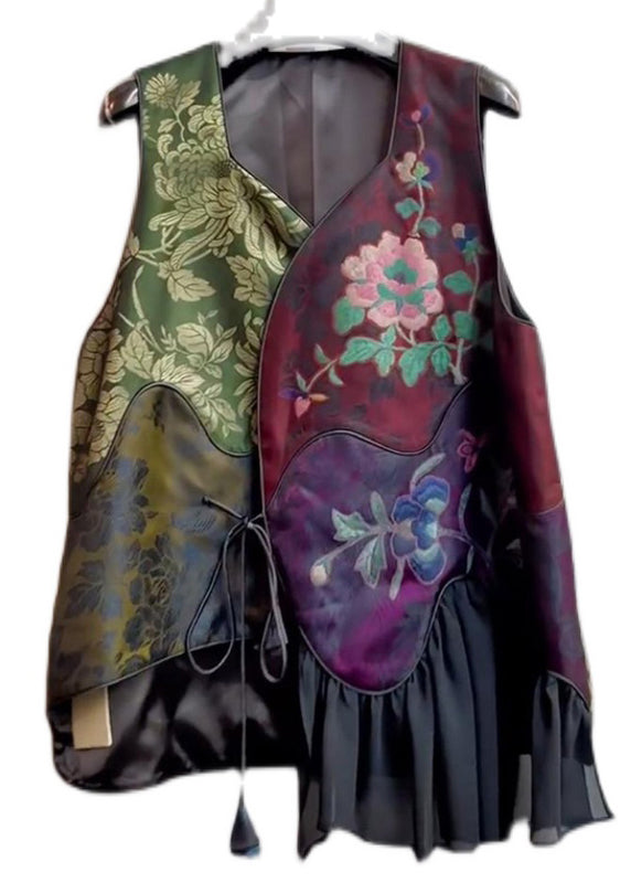Unique Colorblock Asymmetrical Print Lace Up Patchwork Silk Waistcoat Sleeveless