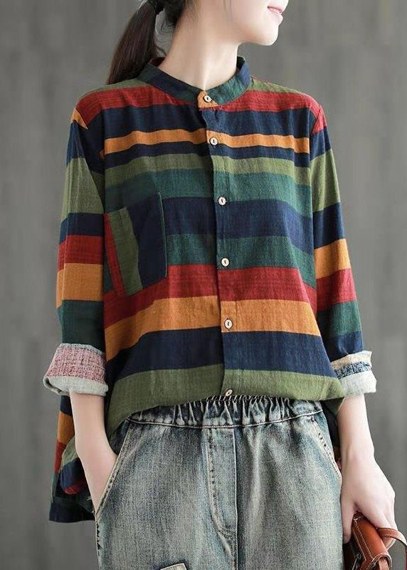Einzigartiger Colorblock-Stehkragen mit niedrigem, hohem Designknopf Gestreifte Hemden mit langen Ärmeln