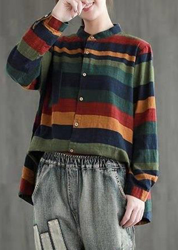 Einzigartiger Colorblock-Stehkragen mit niedrigem, hohem Designknopf Gestreifte Hemden mit langen Ärmeln